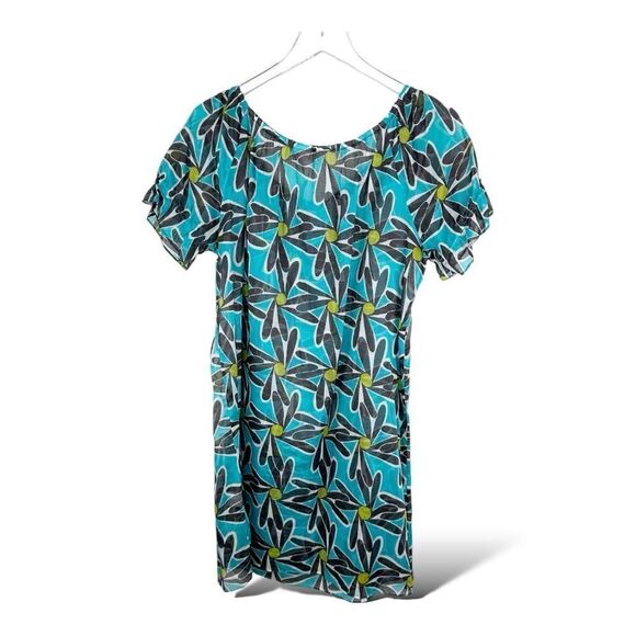 Milly Cabana Turquoise/Black Sheer Cotton Beach Cover-up Dress Tassel  Medium - Picture 2 of 11